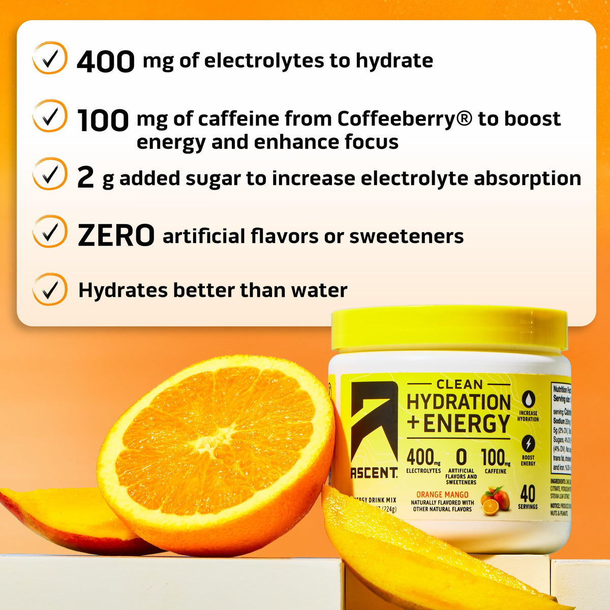Ascent Clean Hydration + Energy Electrolytes Powder - 100mg Caffeine, 400mg Electrolytes, No Artificial Ingredients, Orange Mango 40 Servings - PrimeBioHealth - canada supplements