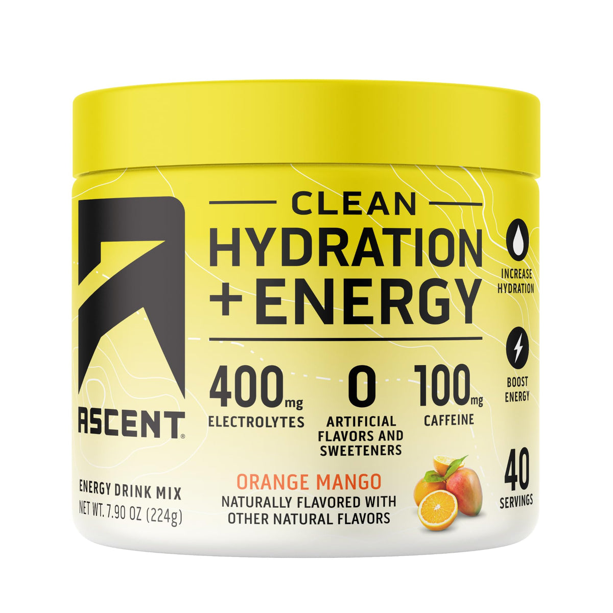 Ascent Clean Hydration + Energy Electrolytes Powder - 100mg Caffeine, 400mg Electrolytes, No Artificial Ingredients, Orange Mango 40 Servings - PrimeBioHealth - canada supplements