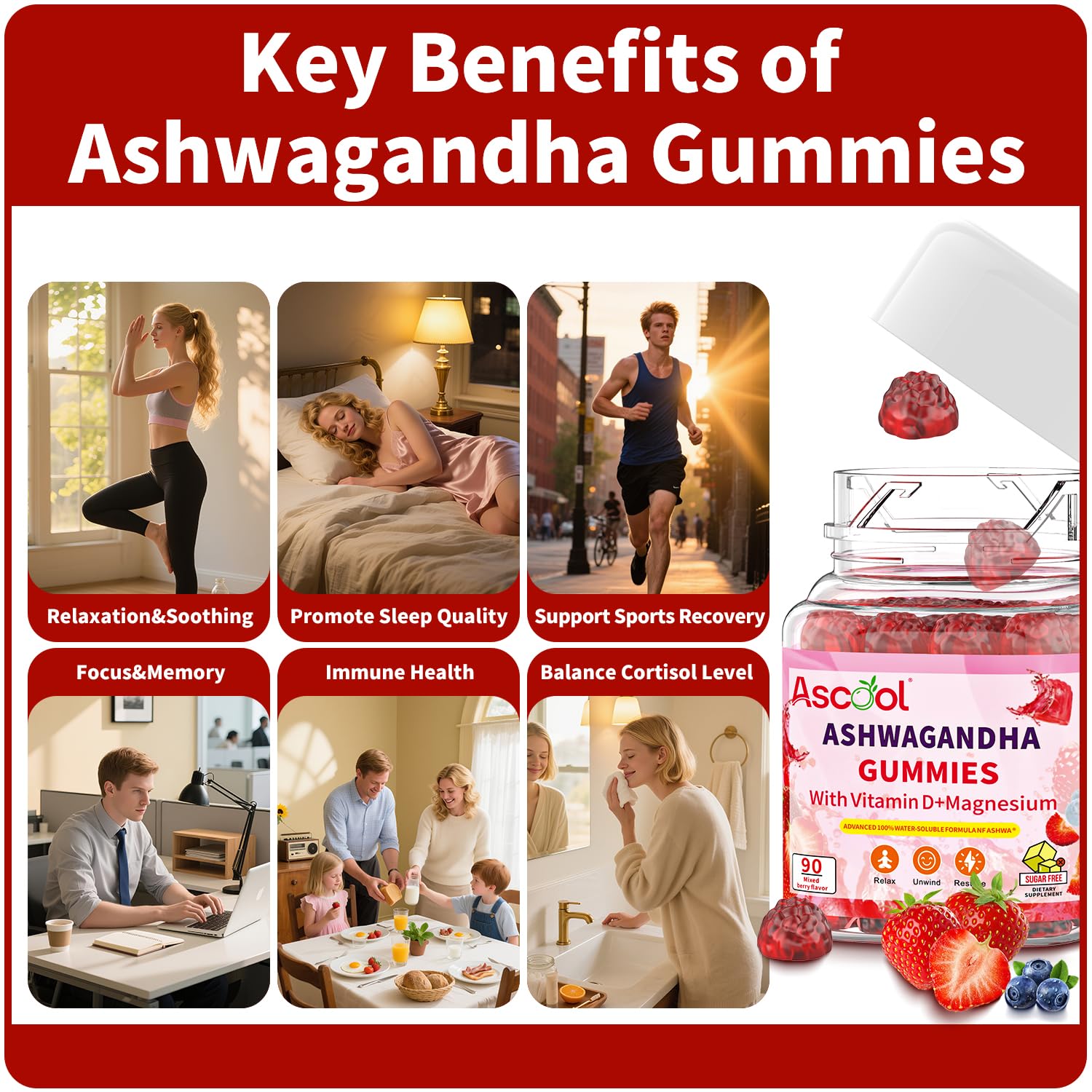 Ascool Ashwagandha Gummies for Stress Relief & Clam with Magnesium + Vitamin D – 90 Count Sugar-Free, Vegan Ashwa Supplements - PrimeBioHealth - canada supplements