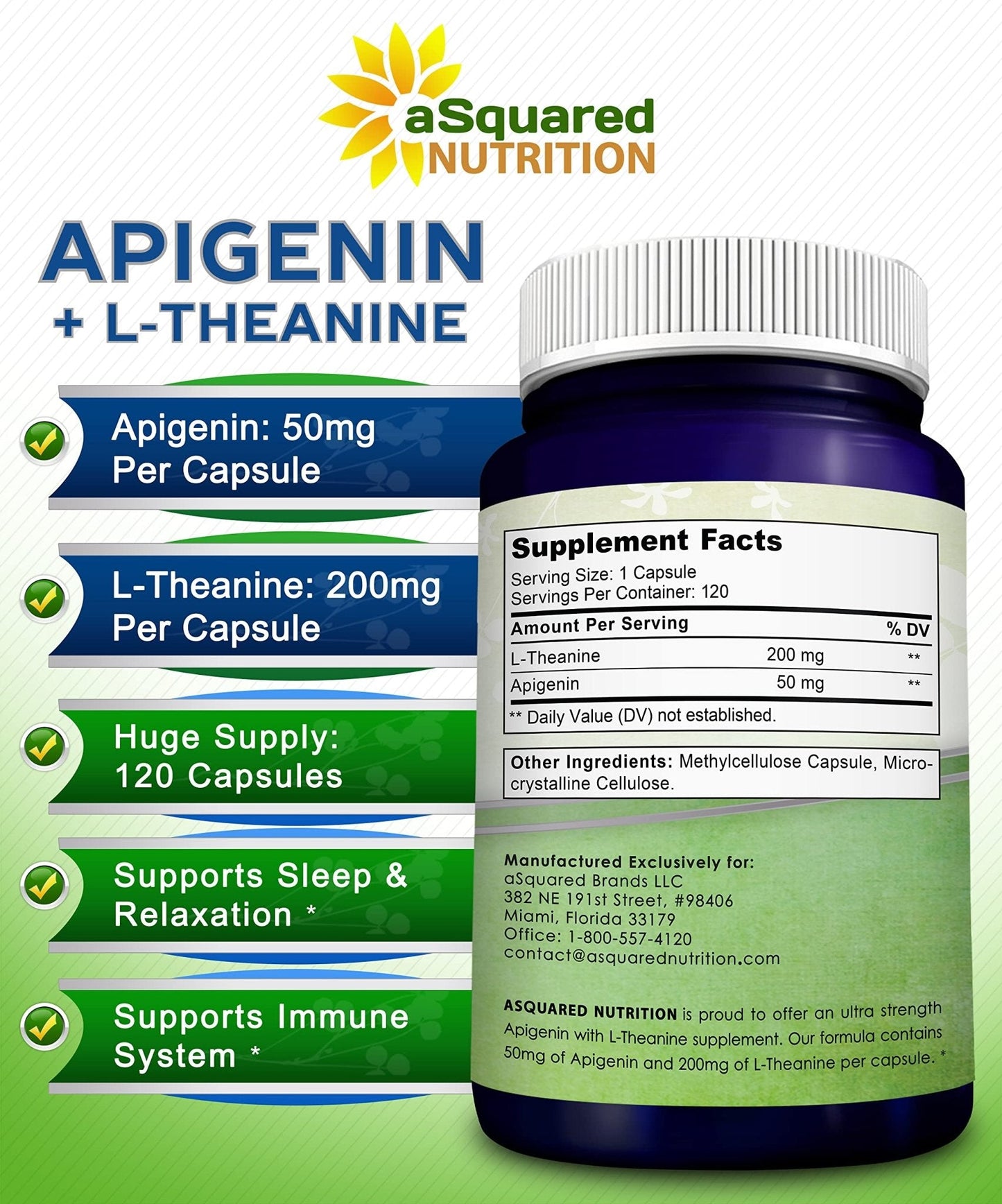aSquared Nutrition Apigenin 50mg & L-Theanine 200mg - 120 Capsules - Apigenin Supplement Pills for Sleep and Relaxation - PrimeBioHealth - canada supplements