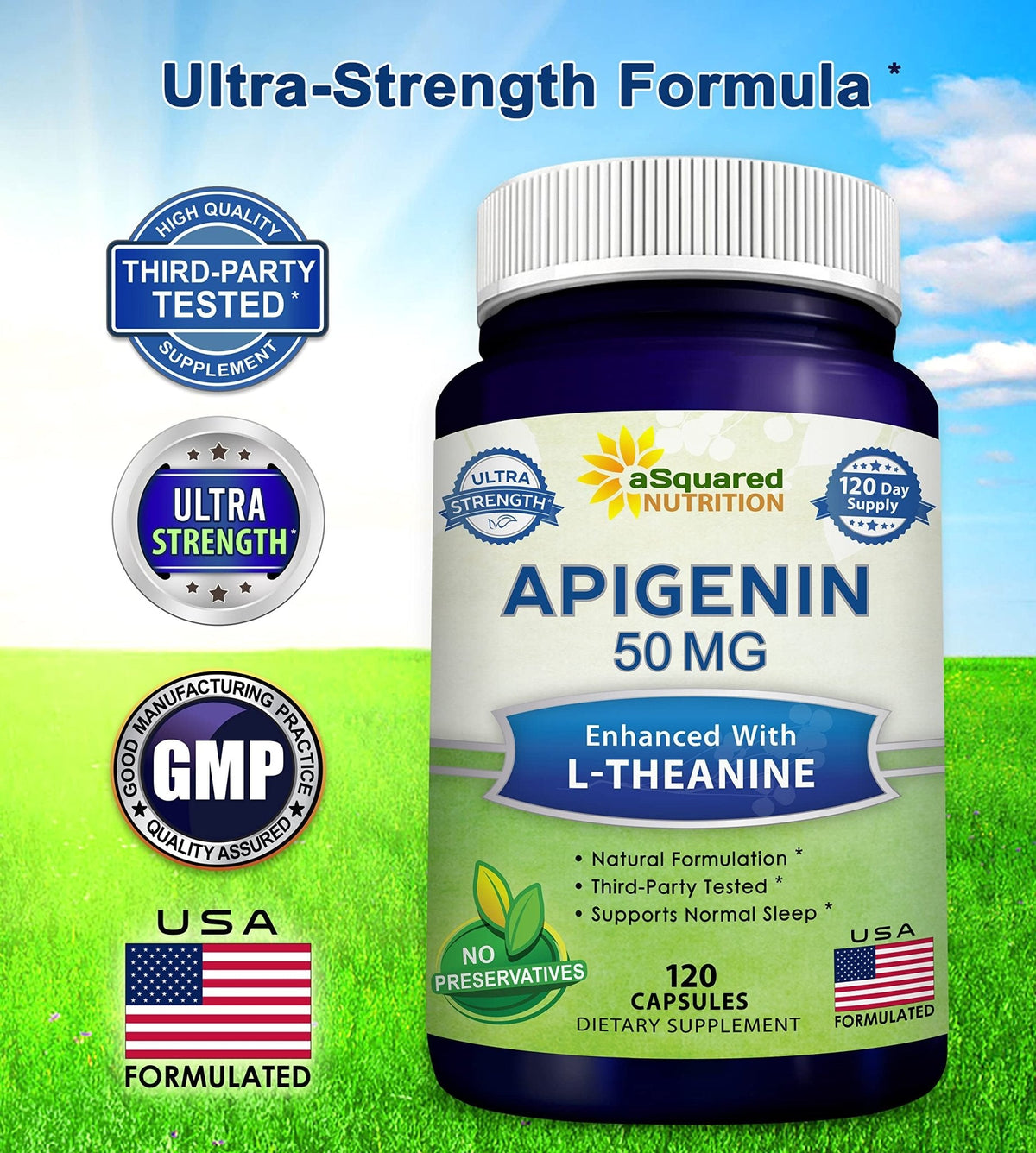 aSquared Nutrition Apigenin 50mg & L-Theanine 200mg - 120 Capsules - Apigenin Supplement Pills for Sleep and Relaxation - PrimeBioHealth - canada supplements