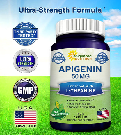 aSquared Nutrition Apigenin 50mg & L-Theanine 200mg - 120 Capsules - Apigenin Supplement Pills for Sleep and Relaxation - PrimeBioHealth - canada supplements