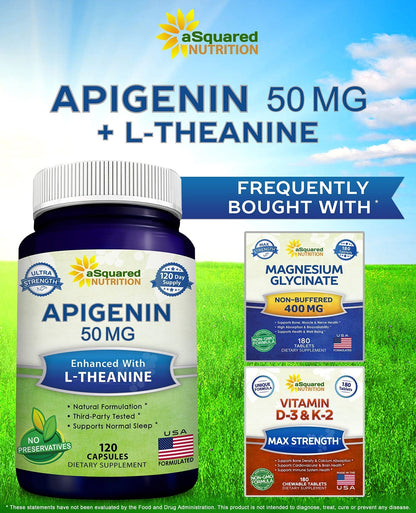 aSquared Nutrition Apigenin 50mg & L-Theanine 200mg - 120 Capsules - Apigenin Supplement Pills for Sleep and Relaxation - PrimeBioHealth - canada supplements