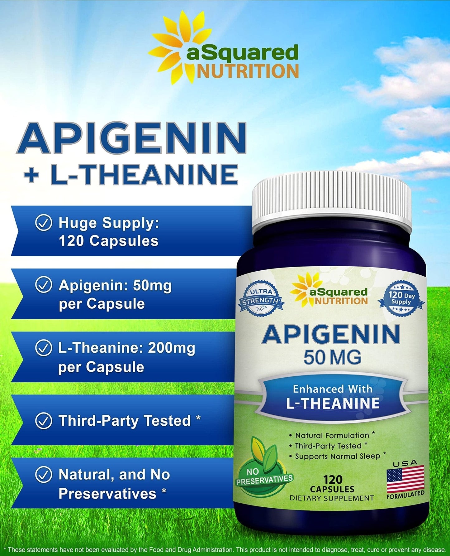 aSquared Nutrition Apigenin 50mg & L-Theanine 200mg - 120 Capsules - Apigenin Supplement Pills for Sleep and Relaxation - PrimeBioHealth - canada supplements