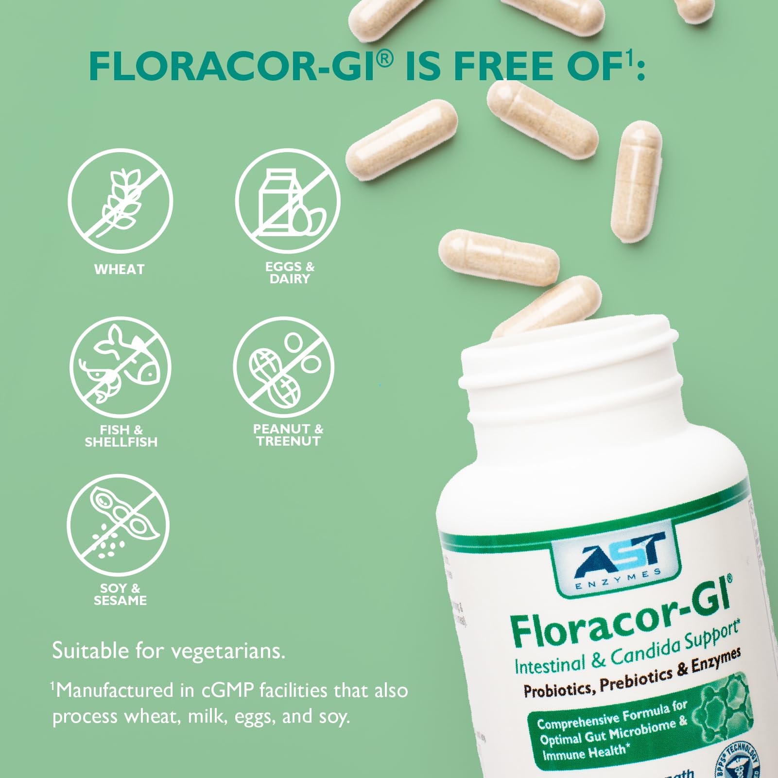 AST Enzymes Floracor - Supports Gut & Intestinal Health - Premium Probiotic, Prebiotic and Enzyme Formula - 60 Vegetarian Capsules - PrimeBioHealth - canada supplements