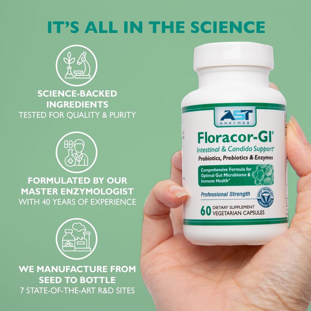 AST Enzymes Floracor - Supports Gut & Intestinal Health - Premium Probiotic, Prebiotic and Enzyme Formula - 60 Vegetarian Capsules - PrimeBioHealth - canada supplements