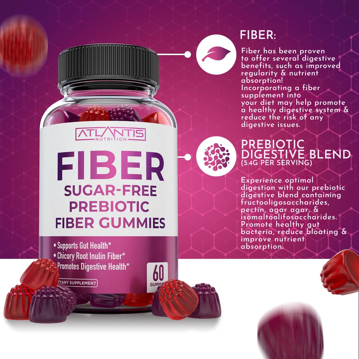 Atlantis Nutrition Sugar Free Fiber Gummies for Adults - 5G Fiber Supplement Formulated with 5.4G Prebiotic Digestive Blend/Serving - Supports Gut Health & Healthy Digestion - PrimeBioHealth - canada supplements