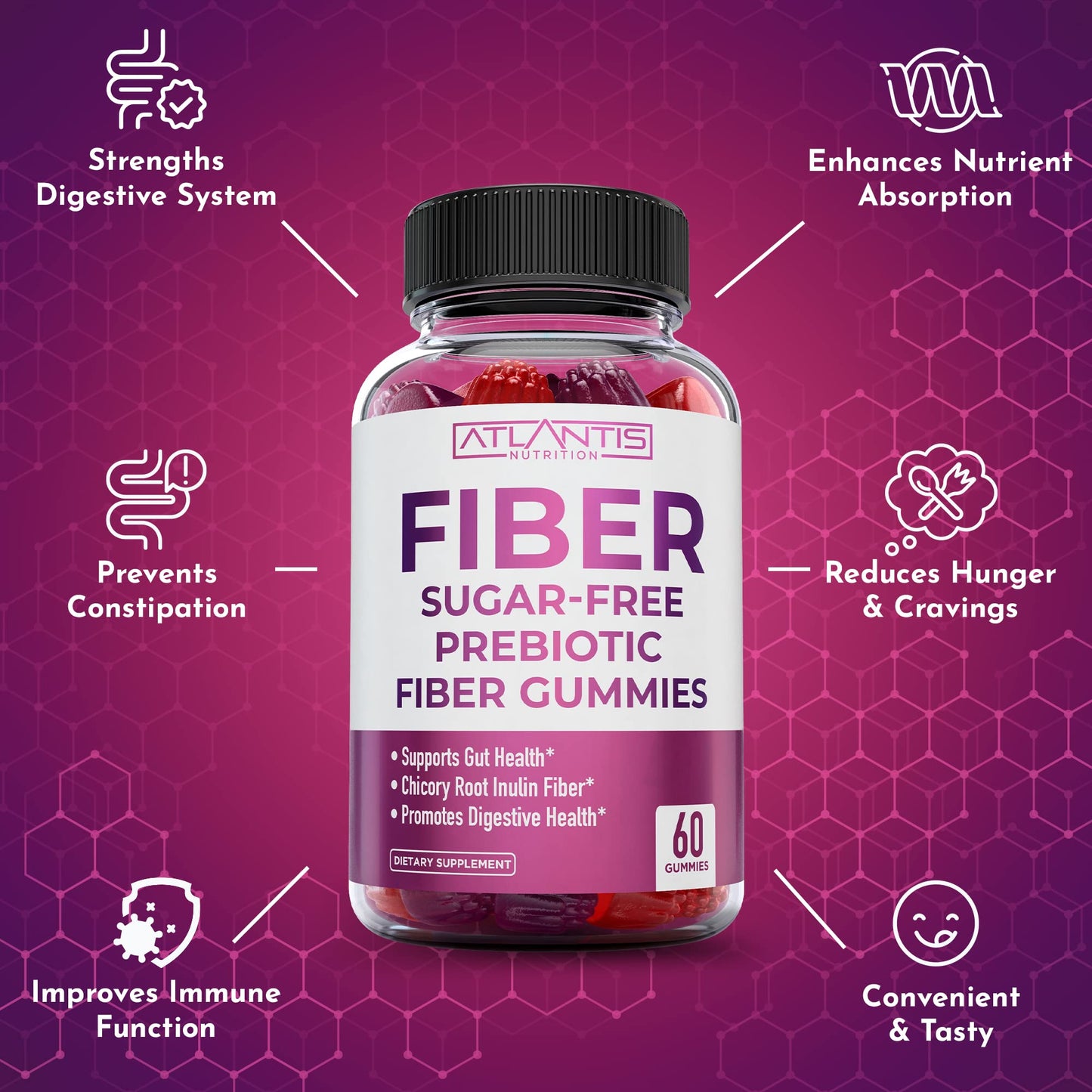 Atlantis Nutrition Sugar Free Fiber Gummies for Adults - 5G Fiber Supplement Formulated with 5.4G Prebiotic Digestive Blend/Serving - Supports Gut Health & Healthy Digestion - PrimeBioHealth - canada supplements