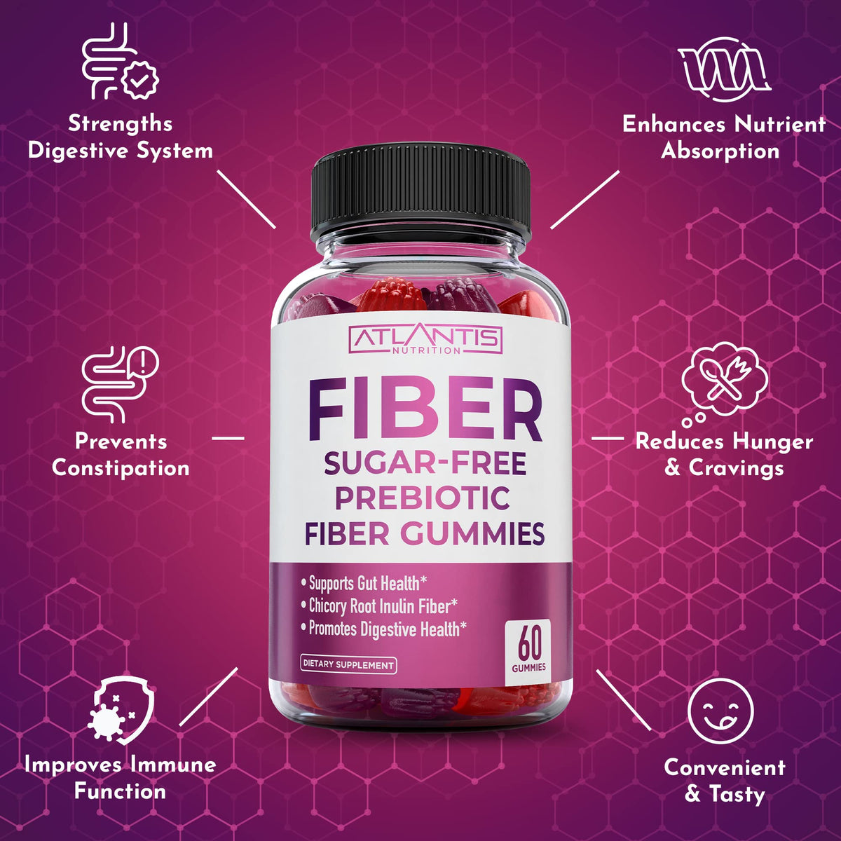 Atlantis Nutrition Sugar Free Fiber Gummies for Adults - 5G Fiber Supplement Formulated with 5.4G Prebiotic Digestive Blend/Serving - Supports Gut Health & Healthy Digestion - PrimeBioHealth - canada supplements