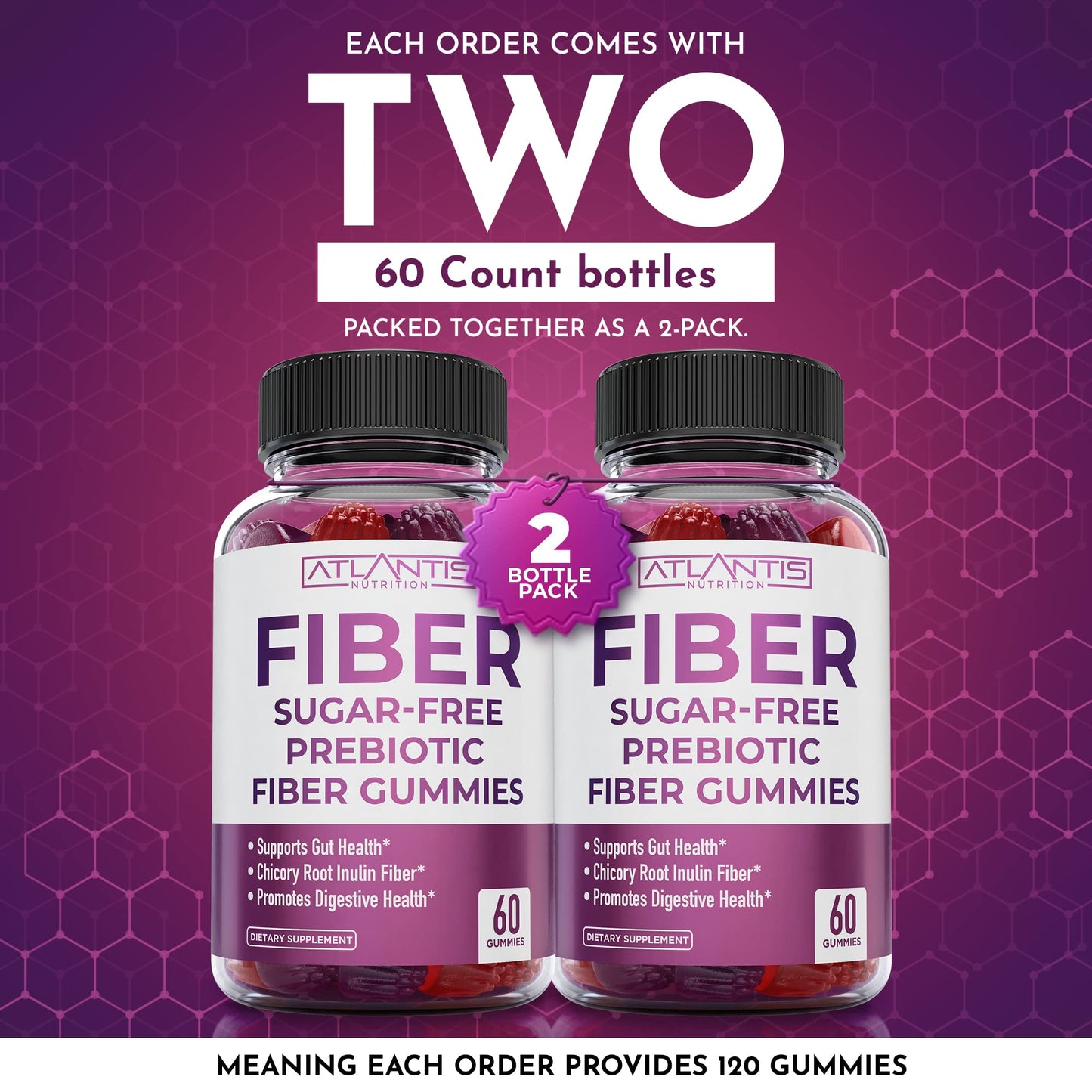 Atlantis Nutrition Sugar Free Fiber Gummies for Adults - 5G Fiber Supplement Formulated with 5.4G Prebiotic Digestive Blend/Serving - Supports Gut Health & Healthy Digestion - PrimeBioHealth - canada supplements