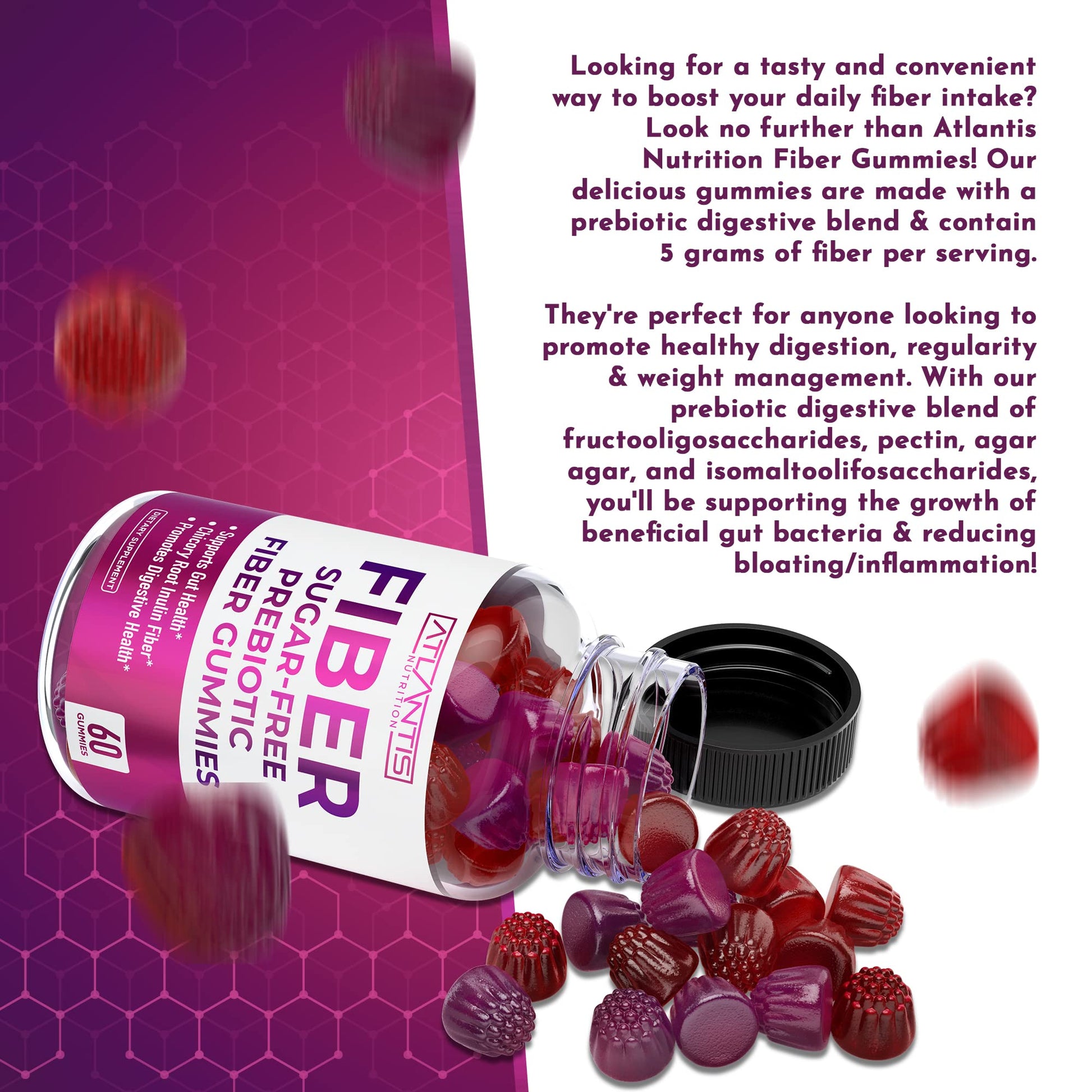 Atlantis Nutrition Sugar Free Fiber Gummies for Adults - 5G Fiber Supplement Formulated with 5.4G Prebiotic Digestive Blend/Serving - Supports Gut Health & Healthy Digestion - PrimeBioHealth - canada supplements