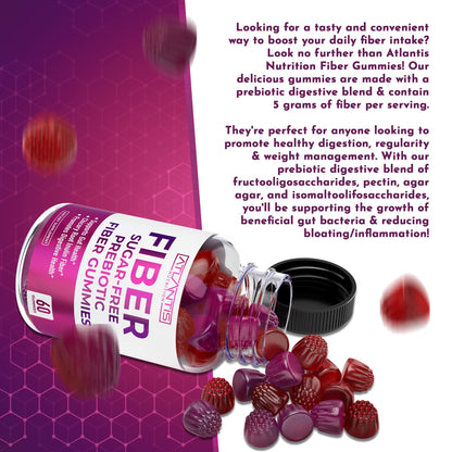 Atlantis Nutrition Sugar Free Fiber Gummies for Adults - 5G Fiber Supplement Formulated with 5.4G Prebiotic Digestive Blend/Serving - Supports Gut Health & Healthy Digestion - PrimeBioHealth - canada supplements