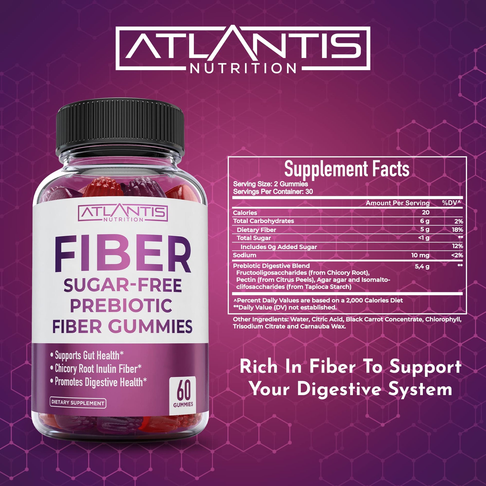 Atlantis Nutrition Sugar Free Fiber Gummies for Adults - 5G Fiber Supplement Formulated with 5.4G Prebiotic Digestive Blend/Serving - Supports Gut Health & Healthy Digestion - PrimeBioHealth - canada supplements