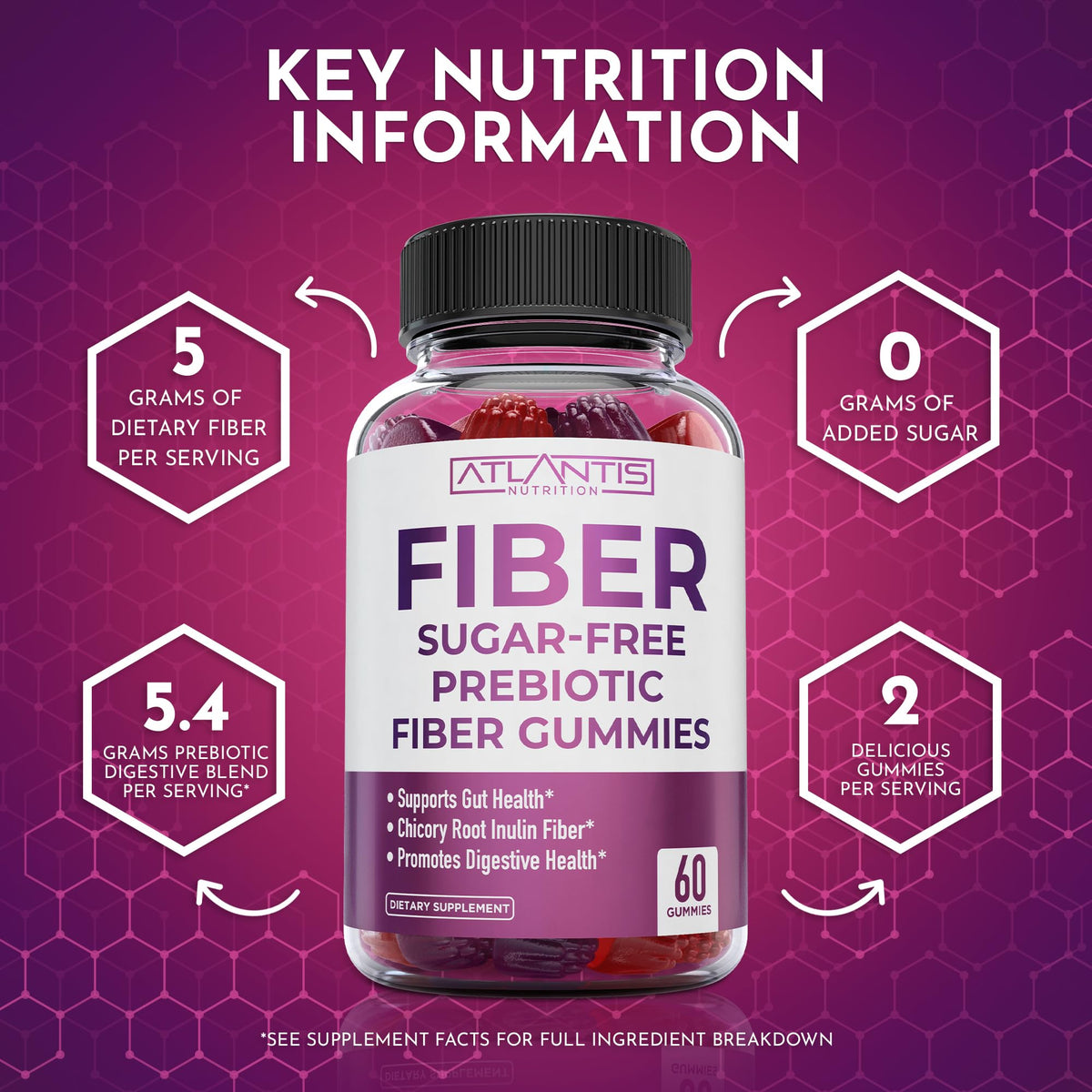 Atlantis Nutrition Sugar Free Fiber Gummies for Adults - 5G Fiber Supplement Formulated with 5.4G Prebiotic Digestive Blend/Serving - Supports Gut Health & Healthy Digestion - PrimeBioHealth - canada supplements