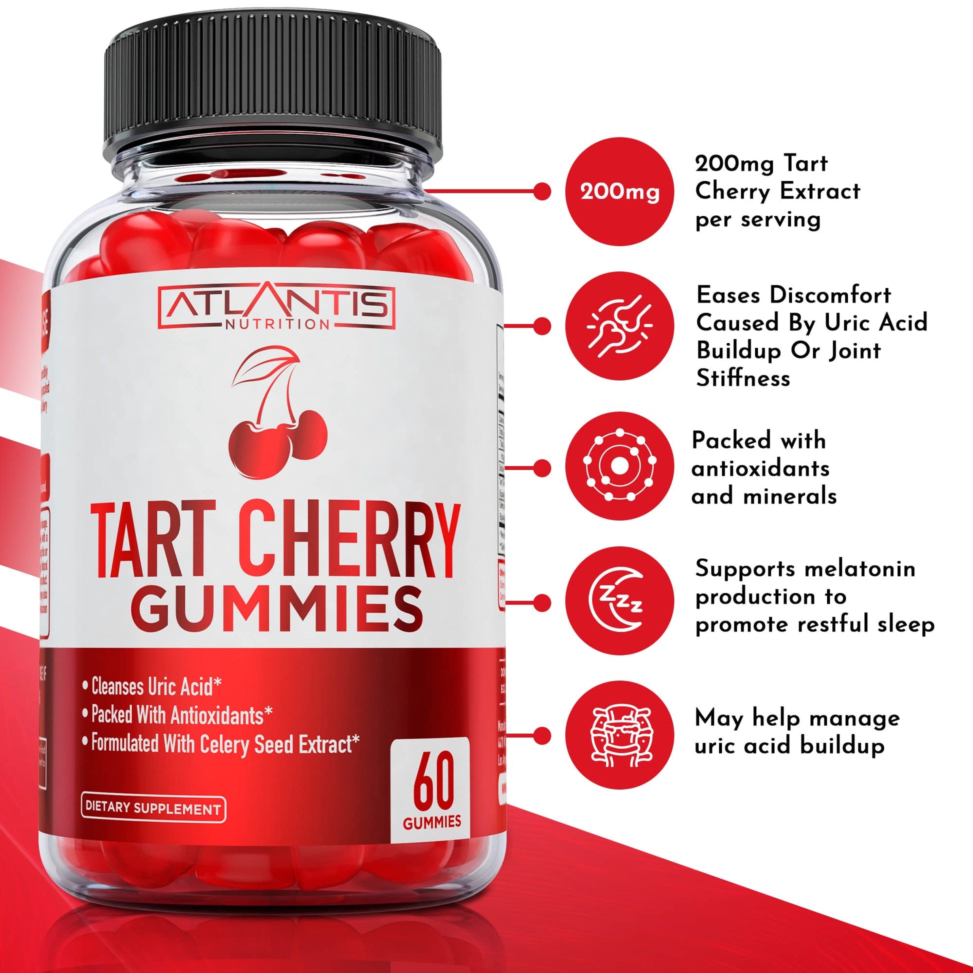 Atlantis Nutrition Tart Cherry Gummies with Celery Seed Extract - Advanced Uric Acid Cleanse for Immediate Relief | Joint Relief & Recovery - PrimeBioHealth - canada supplements