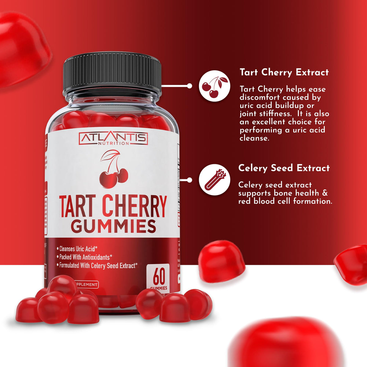 Atlantis Nutrition Tart Cherry Gummies with Celery Seed Extract - Advanced Uric Acid Cleanse for Immediate Relief | Joint Relief & Recovery - PrimeBioHealth - canada supplements