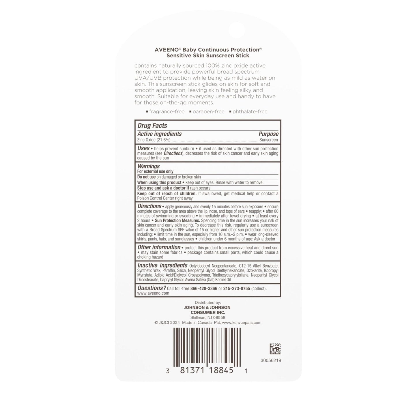 Aveeno Baby Continuous Protection Mineral Sunscreen Stick for Sensitive Skin with Broad Spectrum SPF 50 Protection for Face & Body - PrimeBioHealth - canada supplements