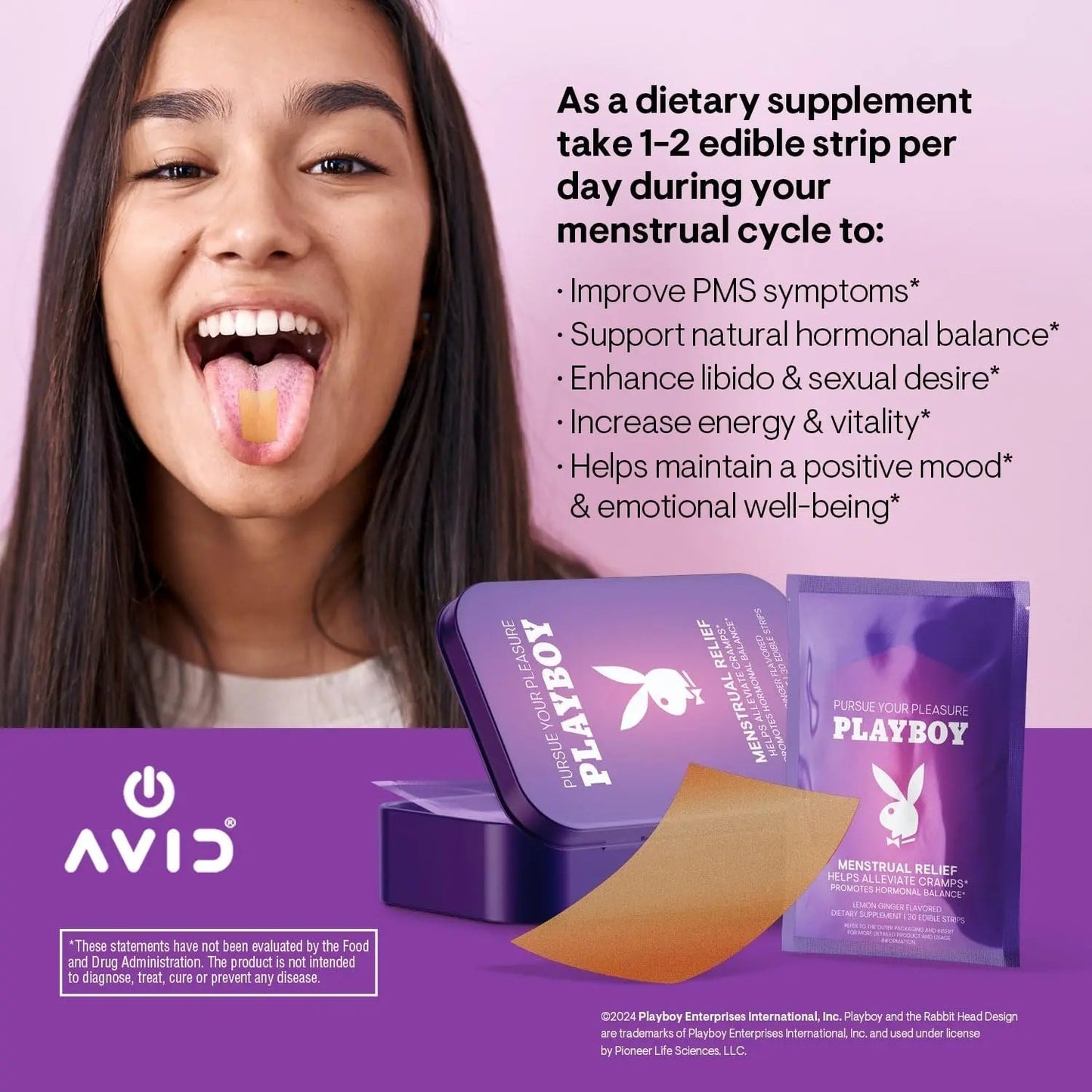 AVID Playboy - Menstrual Relief PMS Oral Strips (30 Edible Strips) Fast Dissolving PMS Cramp Relief & Hormonal Balance Strips for Women - Lemon Ginger Flavored Multi-Benefit PMS Supplement for Women - PrimeBioHealth - canada supplements