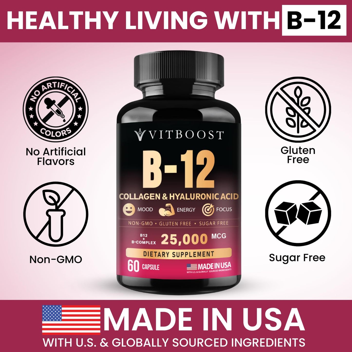 B12 with Hyaluronic Acid, Collagen and Folate – 25000 mcg B12 Complex | Maximize Absorption & Energy | Gluten Free USA Made, B1, B2, B3, B6, B7, B12 vitamins 5000 mcg - PrimeBioHealth - canada supplements