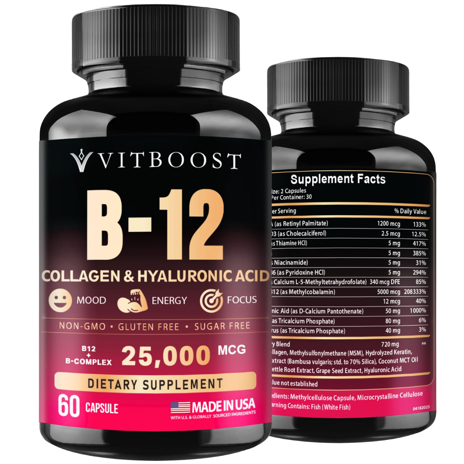 B12 with Hyaluronic Acid, Collagen and Folate – 25000 mcg B12 Complex | Maximize Absorption & Energy | Gluten Free USA Made, B1, B2, B3, B6, B7, B12 vitamins 5000 mcg - PrimeBioHealth - canada supplements