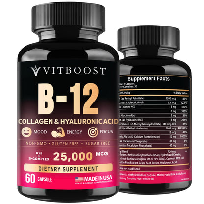 B12 with Hyaluronic Acid, Collagen and Folate – 25000 mcg B12 Complex | Maximize Absorption & Energy | Gluten Free USA Made, B1, B2, B3, B6, B7, B12 vitamins 5000 mcg - PrimeBioHealth - canada supplements