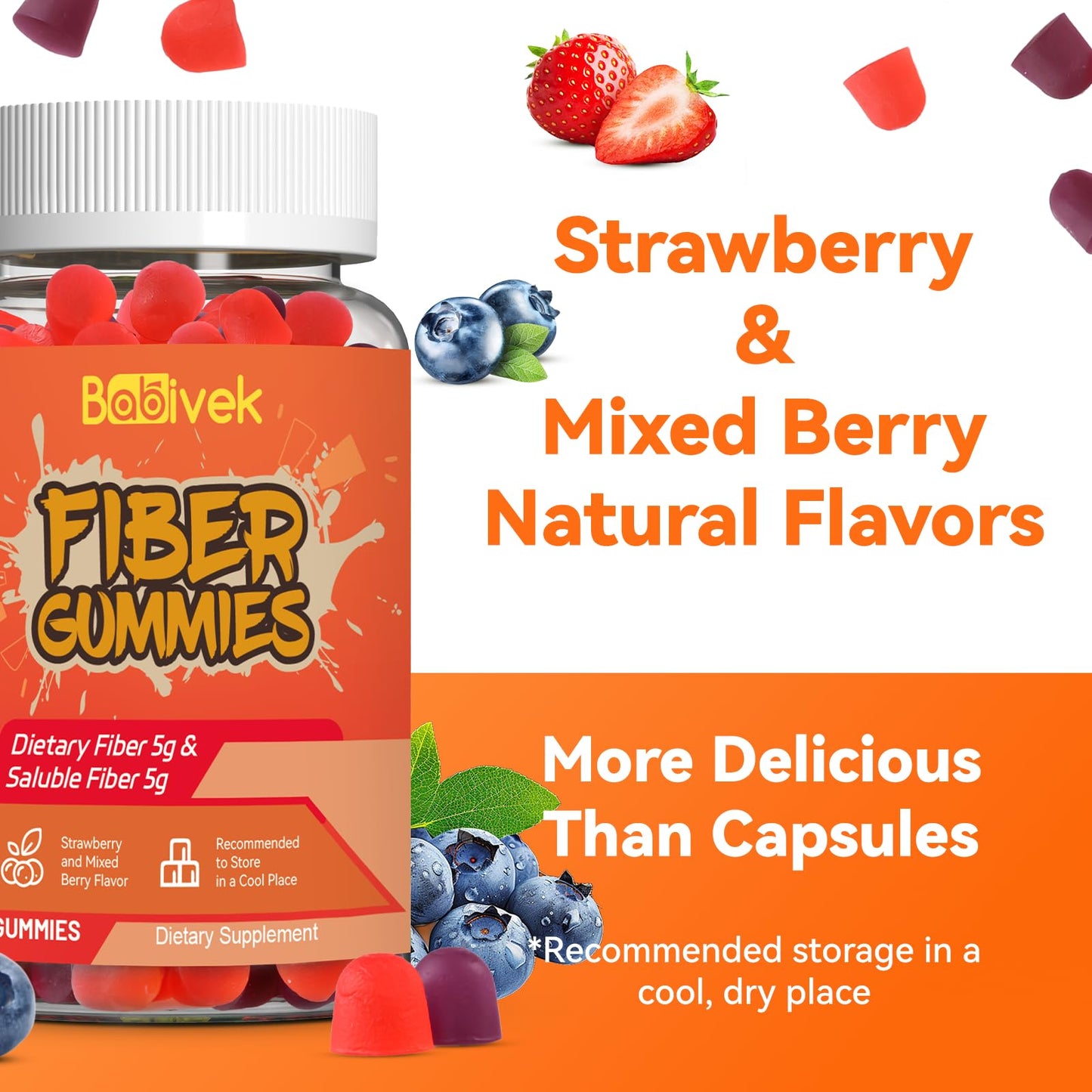 Babivek Fiber Gummies for Women and Men – Dietary Fiber, Gut Health Support, Vegan, Non-GMO, Non-Gluten, Mixed Berry & Strawberry Flavors, 60 Count(Pack of 2) - PrimeBioHealth - canada supplements