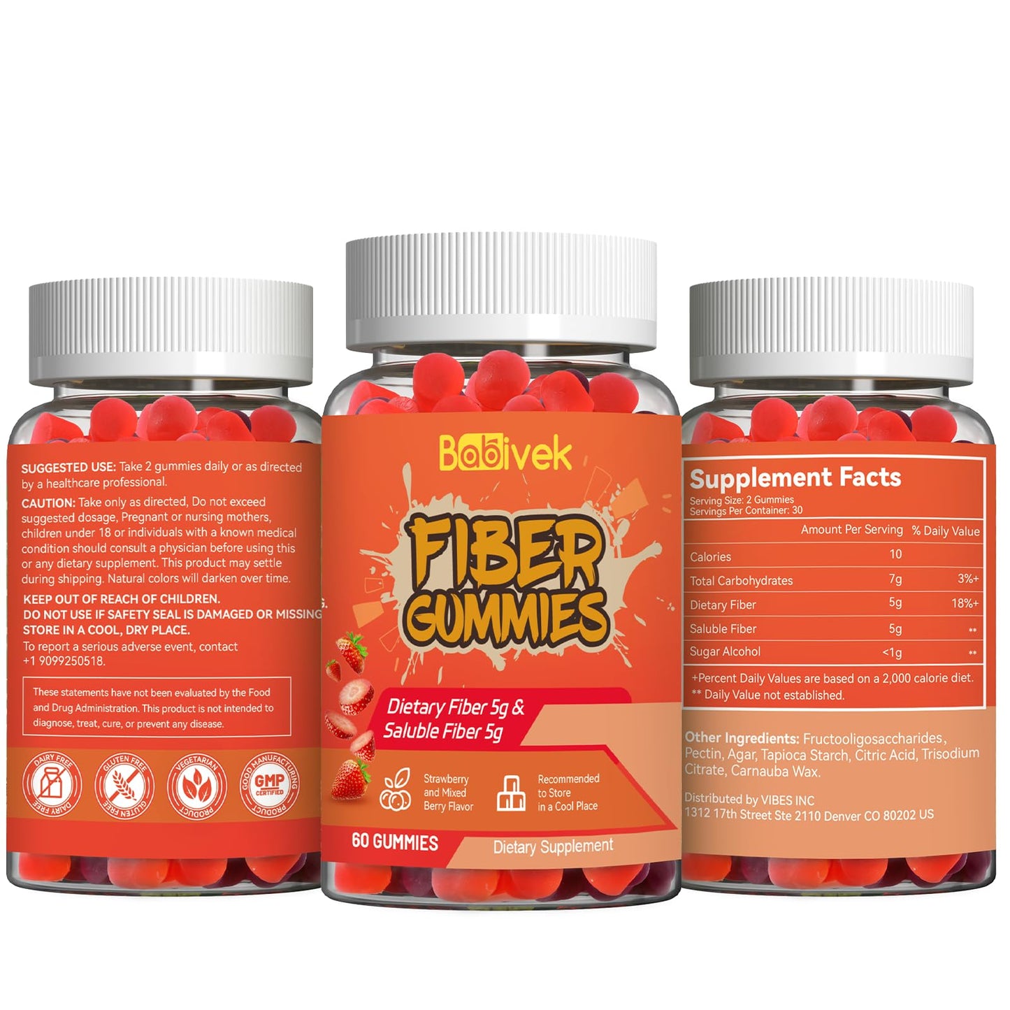 Babivek Fiber Gummies for Women and Men – Dietary Fiber, Gut Health Support, Vegan, Non-GMO, Non-Gluten, Mixed Berry & Strawberry Flavors, 60 Count(Pack of 2) - PrimeBioHealth - canada supplements