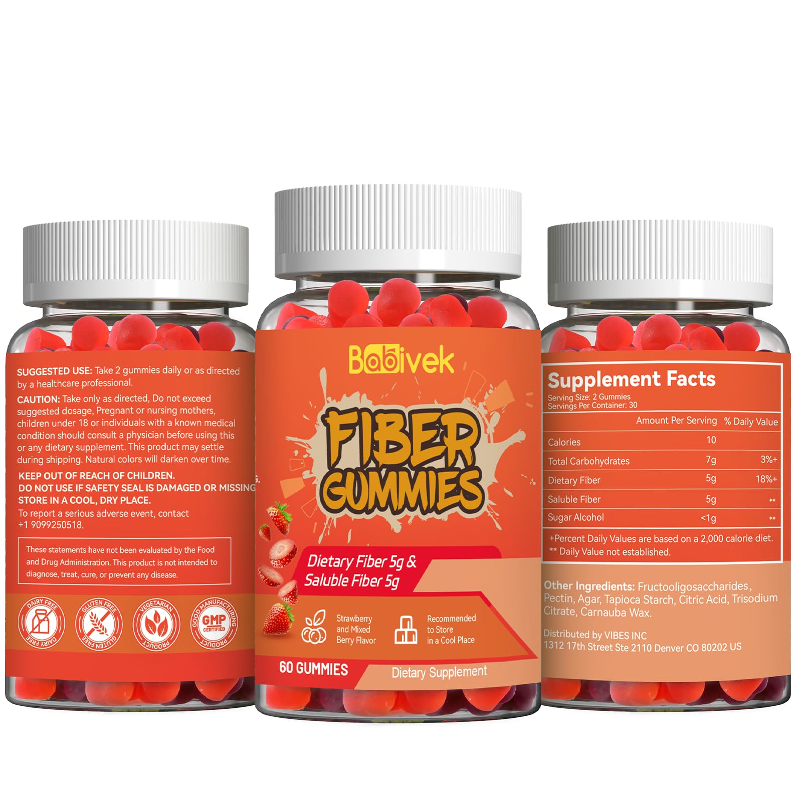 Babivek Fiber Gummies for Women and Men – Dietary Fiber, Gut Health Support, Vegan, Non-GMO, Non-Gluten, Mixed Berry & Strawberry Flavors, 60 Count(Pack of 2) - PrimeBioHealth - canada supplements