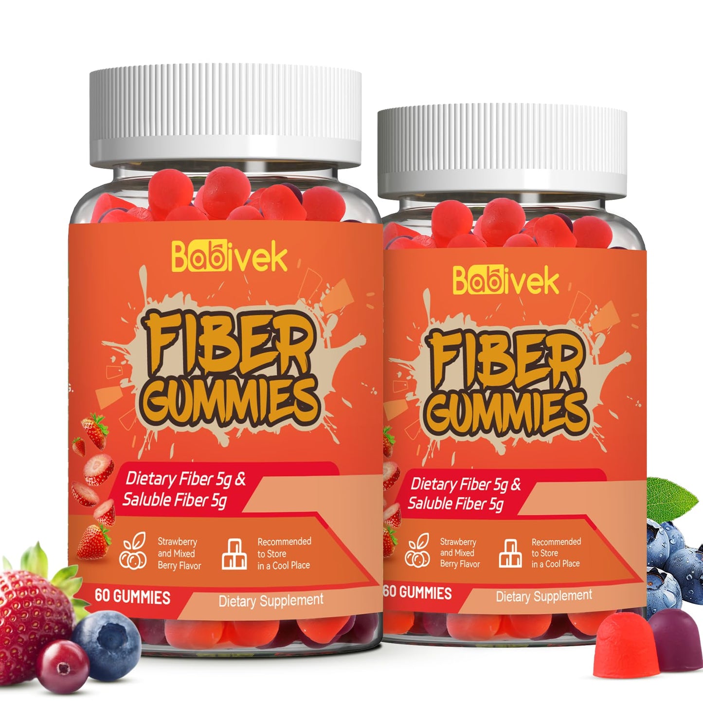 Babivek Fiber Gummies for Women and Men – Dietary Fiber, Gut Health Support, Vegan, Non-GMO, Non-Gluten, Mixed Berry & Strawberry Flavors, 60 Count(Pack of 2) - PrimeBioHealth - canada supplements