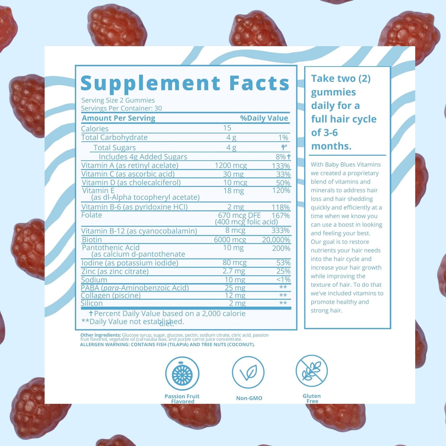 Baby Blues Postpartum Hair Loss Vitamins - Passion Fruit Gummies with Biotin, Collagen, & Folate - PrimeBioHealth - canada supplements