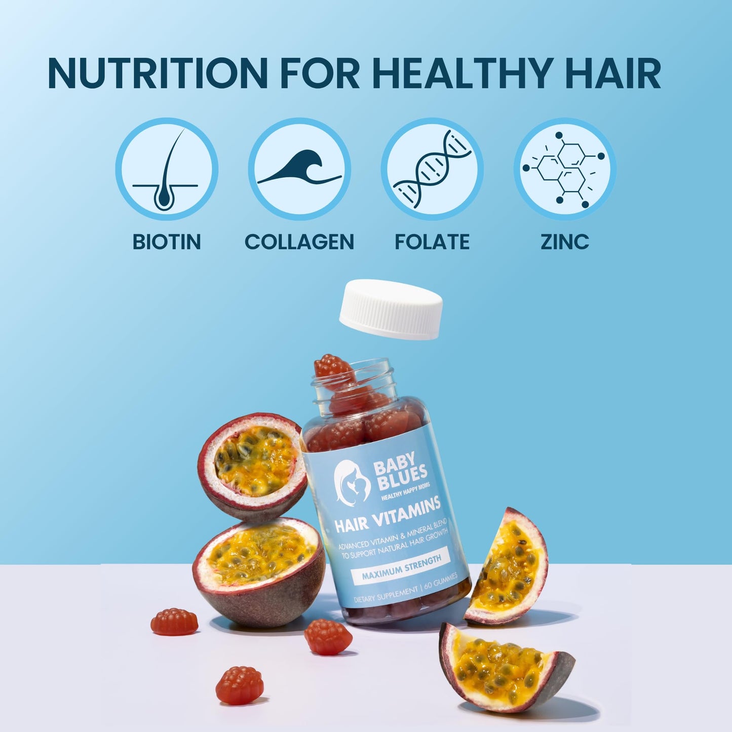Baby Blues Postpartum Hair Loss Vitamins - Passion Fruit Gummies with Biotin, Collagen, & Folate - PrimeBioHealth - canada supplements