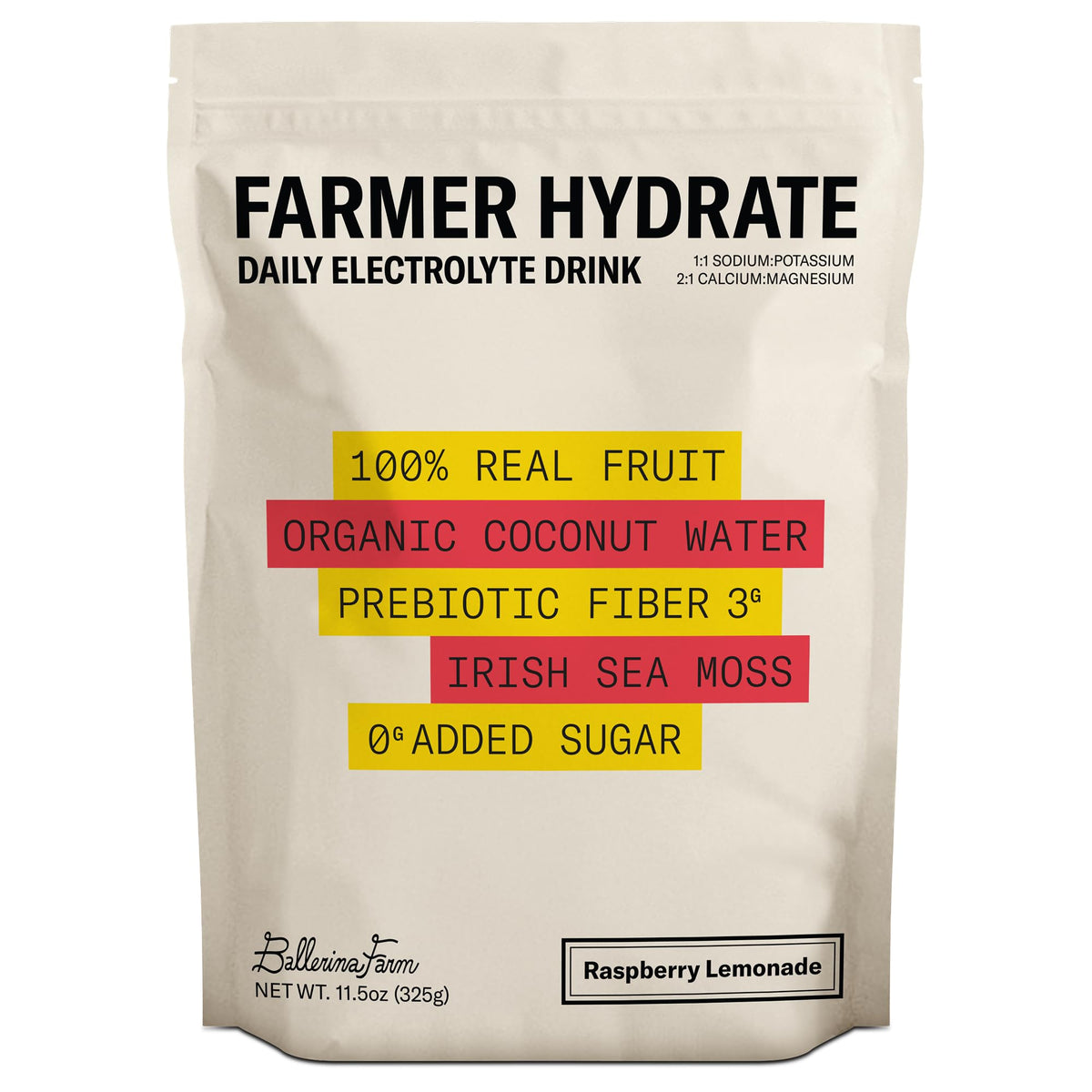 Ballerina Farm Farmer Hydrate, Daily Electrolytes Powder, Raspberry Lemonade, Hydration Drink Mix with Organic Coconut Water, Irish Sea Moss, Sea Salt, Prebiotic Fiber, No Added Sugar, 25 Servings - PrimeBioHealth - canada supplements