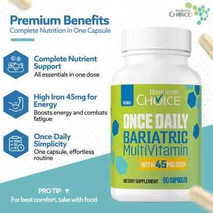 Bariatric Choice Once-Daily Bariatric Multivitamin with 45 mg of Iron | Easy to Swallow Capsule | Vitamin for Bariatric Surgery Patients - PrimeBioHealth - canada supplements