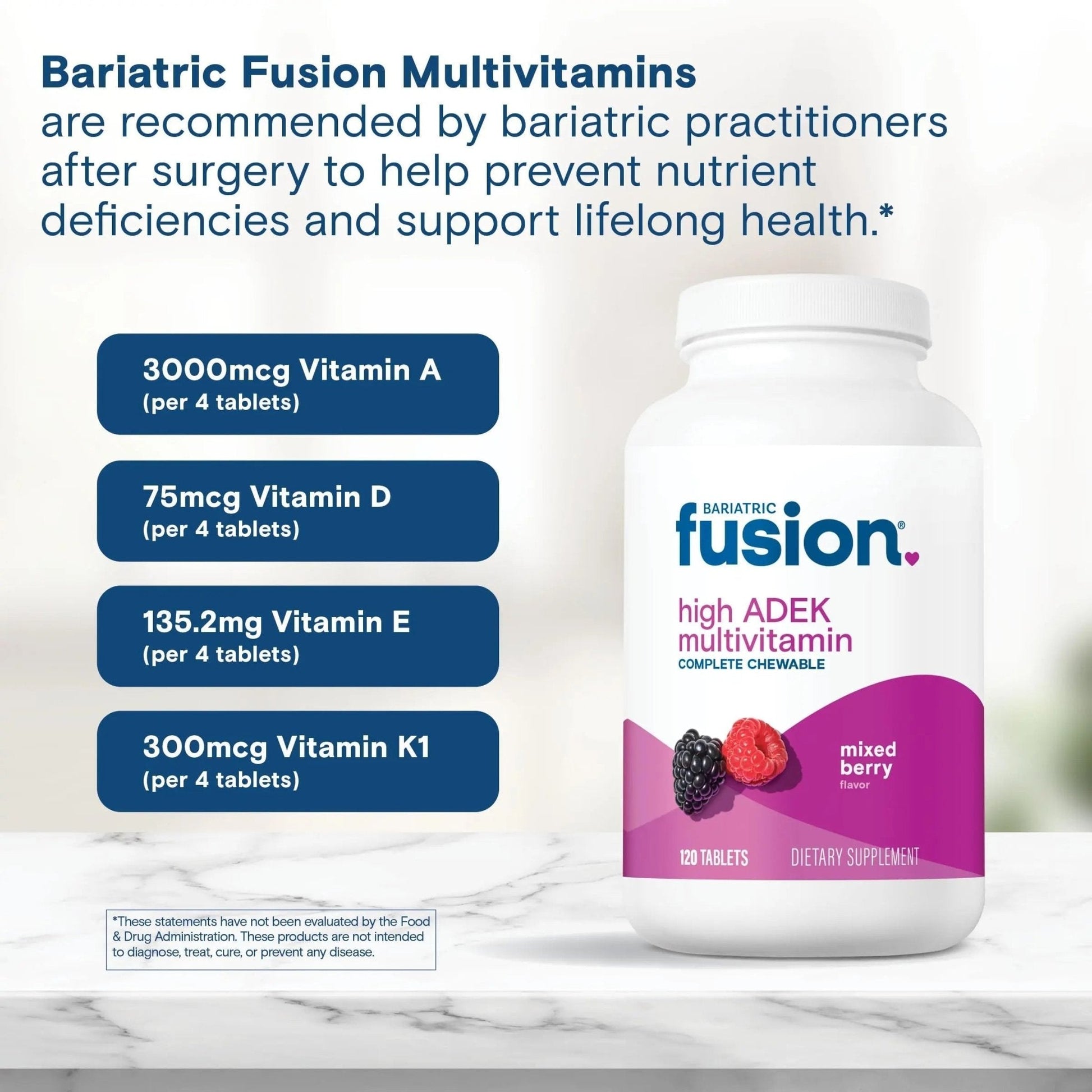 Bariatric Fusion Chewable Multivitamin with High ADEK Vitamins | Multi for Duodenal Switch Patients | Mixed Berry Flavored Tablets | - PrimeBioHealth - canada supplements