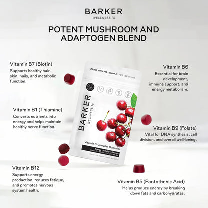 Barker Wellness Vegan B-Complex Gummies – Comprehensive Energy & Metabolism Boost with B1, B5, B6, B7 Biotin, B9 Folate, B12 - PrimeBioHealth - canada supplements