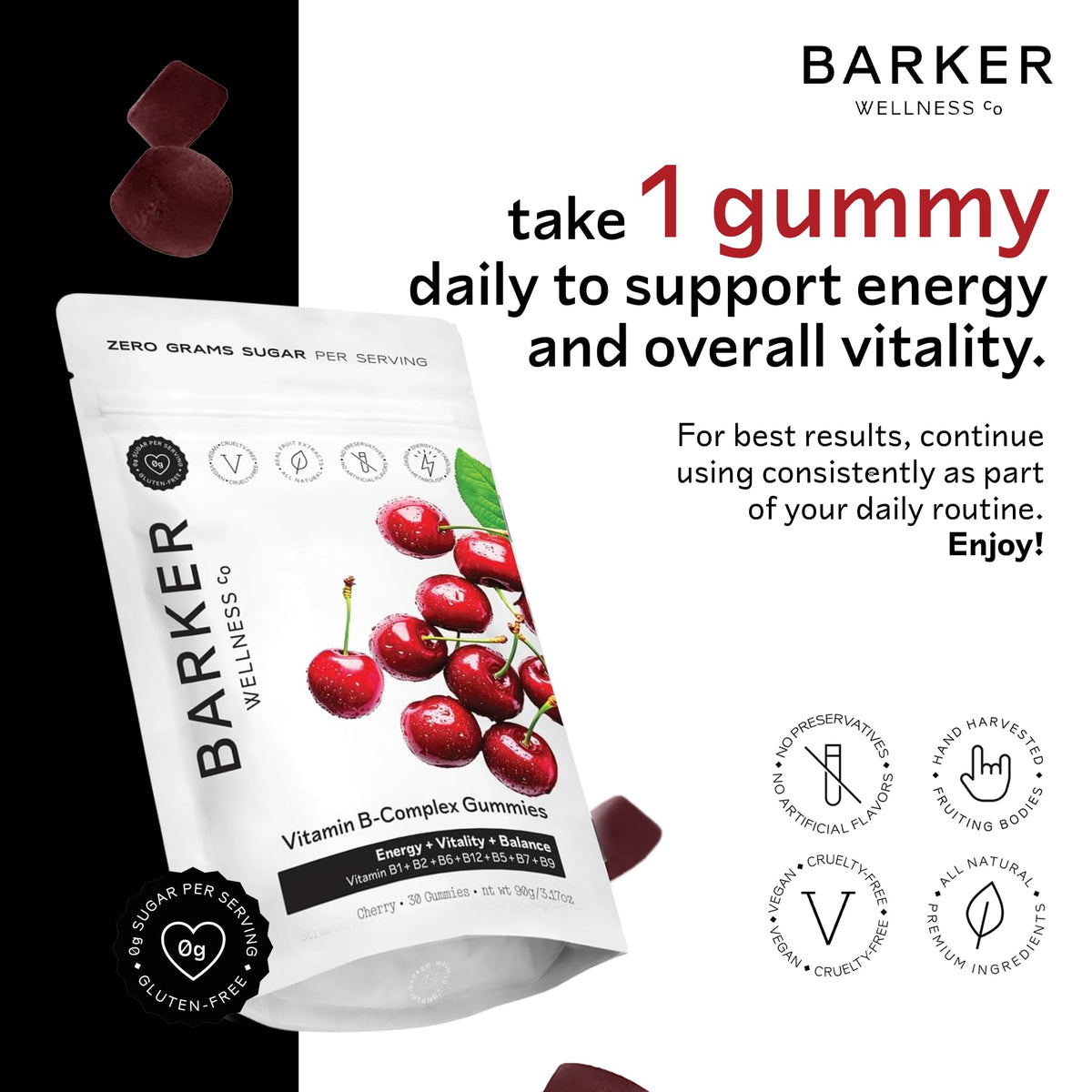 Barker Wellness Vegan B-Complex Gummies – Comprehensive Energy & Metabolism Boost with B1, B5, B6, B7 Biotin, B9 Folate, B12 - PrimeBioHealth - canada supplements