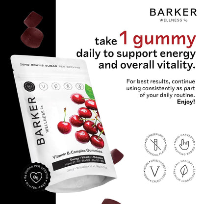Barker Wellness Vegan B-Complex Gummies – Comprehensive Energy & Metabolism Boost with B1, B5, B6, B7 Biotin, B9 Folate, B12 - PrimeBioHealth - canada supplements