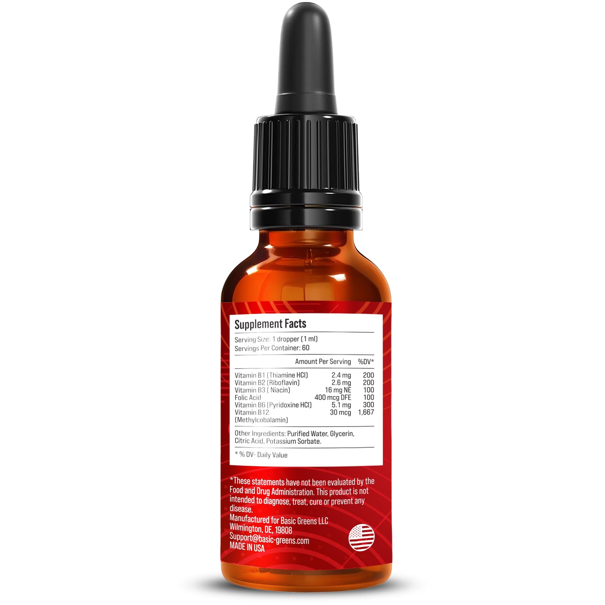 BASIC GREENS Vitamin B Complex Liquid Drops - Strength Sublingual Formula, Maximizes Absorption & Boosts Energy - B1, B2, B3, B5, B6, B7, B9, B12 - Natural Vegan Supplement - PrimeBioHealth - canada supplements