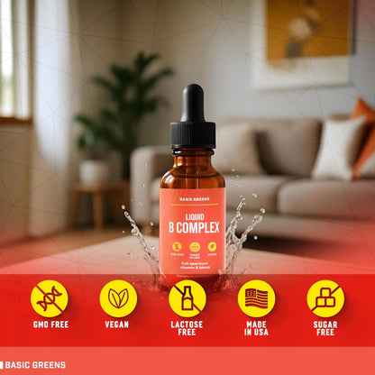 BASIC GREENS Vitamin B Complex Liquid Drops - Strength Sublingual Formula, Maximizes Absorption & Boosts Energy - B1, B2, B3, B5, B6, B7, B9, B12 - Natural Vegan Supplement - PrimeBioHealth - canada supplements