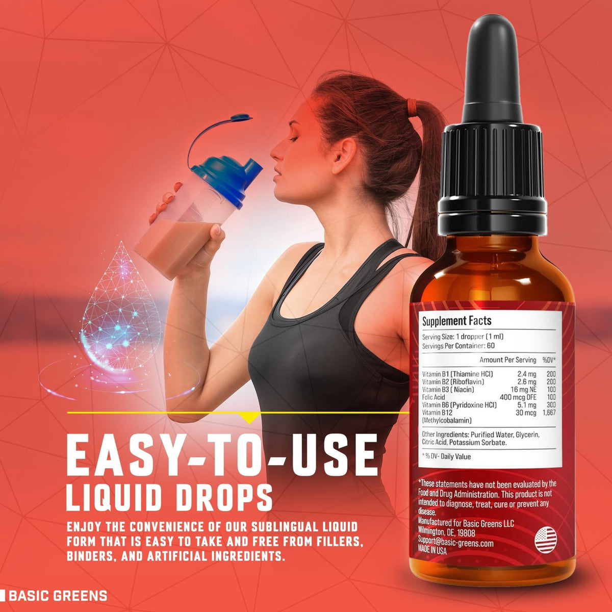 BASIC GREENS Vitamin B Complex Liquid Drops - Strength Sublingual Formula, Maximizes Absorption & Boosts Energy - B1, B2, B3, B5, B6, B7, B9, B12 - Natural Vegan Supplement - PrimeBioHealth - canada supplements