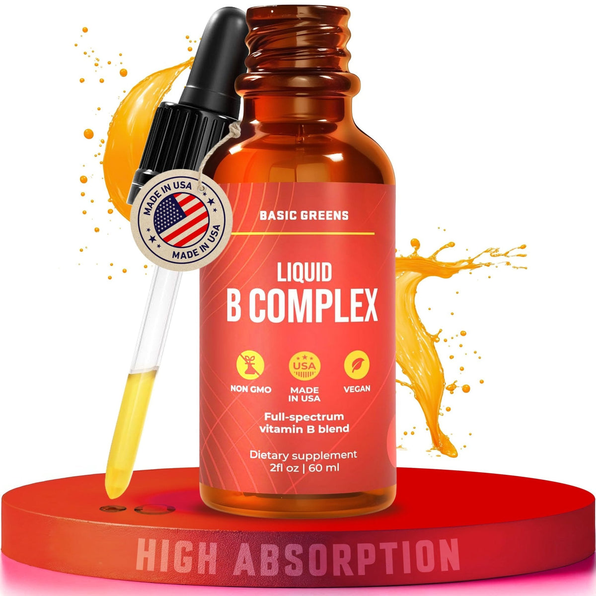 BASIC GREENS Vitamin B Complex Liquid Drops - Strength Sublingual Formula, Maximizes Absorption & Boosts Energy - B1, B2, B3, B5, B6, B7, B9, B12 - Natural Vegan Supplement - PrimeBioHealth - canada supplements