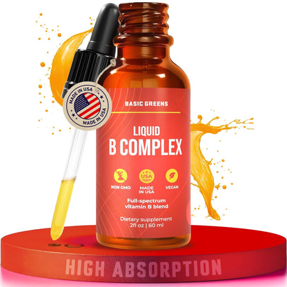 BASIC GREENS Vitamin B Complex Liquid Drops - Strength Sublingual Formula, Maximizes Absorption & Boosts Energy - B1, B2, B3, B5, B6, B7, B9, B12 - Natural Vegan Supplement - PrimeBioHealth - canada supplements