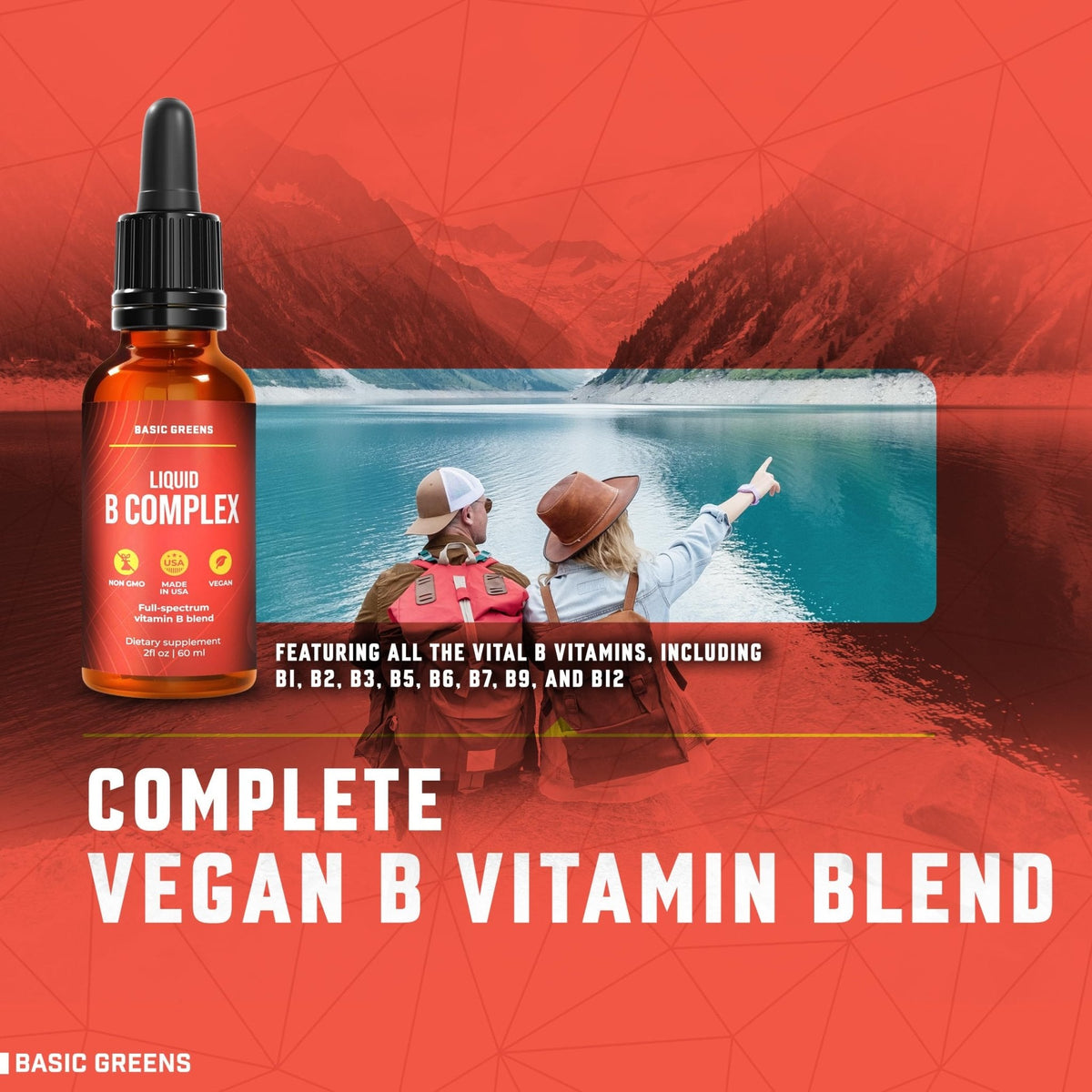 BASIC GREENS Vitamin B Complex Liquid Drops - Strength Sublingual Formula, Maximizes Absorption & Boosts Energy - B1, B2, B3, B5, B6, B7, B9, B12 - Natural Vegan Supplement - PrimeBioHealth - canada supplements