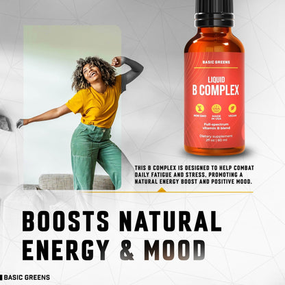 BASIC GREENS Vitamin B Complex Liquid Drops - Strength Sublingual Formula, Maximizes Absorption & Boosts Energy - B1, B2, B3, B5, B6, B7, B9, B12 - Natural Vegan Supplement - PrimeBioHealth - canada supplements