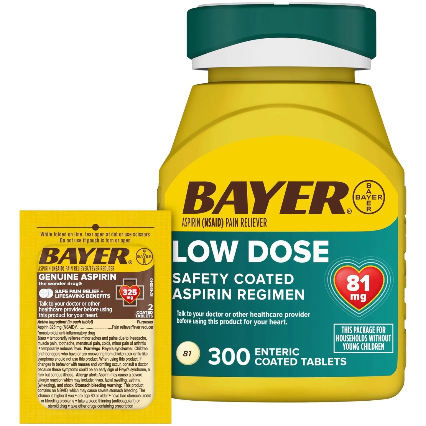 Bayer Aspirin 81mg Enteric Coated Tablets 300ct and 2 Count Travel Pack of Genuine Aspirin 325mg Coated Tablets - PrimeBioHealth - canada supplements