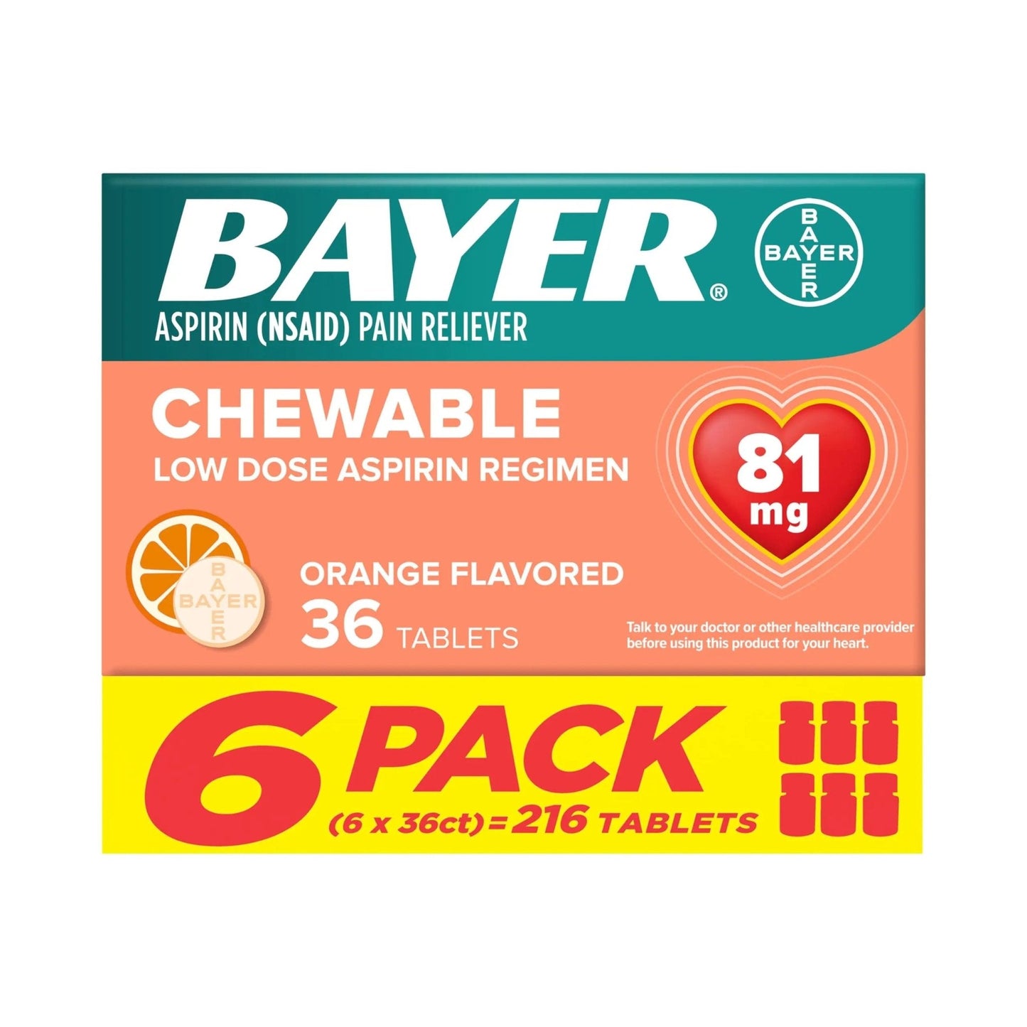 Bayer Aspirin Low Dose 81 mg Chewable Tablets, Pain Reliever, Orange Flavored, 216 Tablets (6 Pack) - PrimeBioHealth - canada supplements