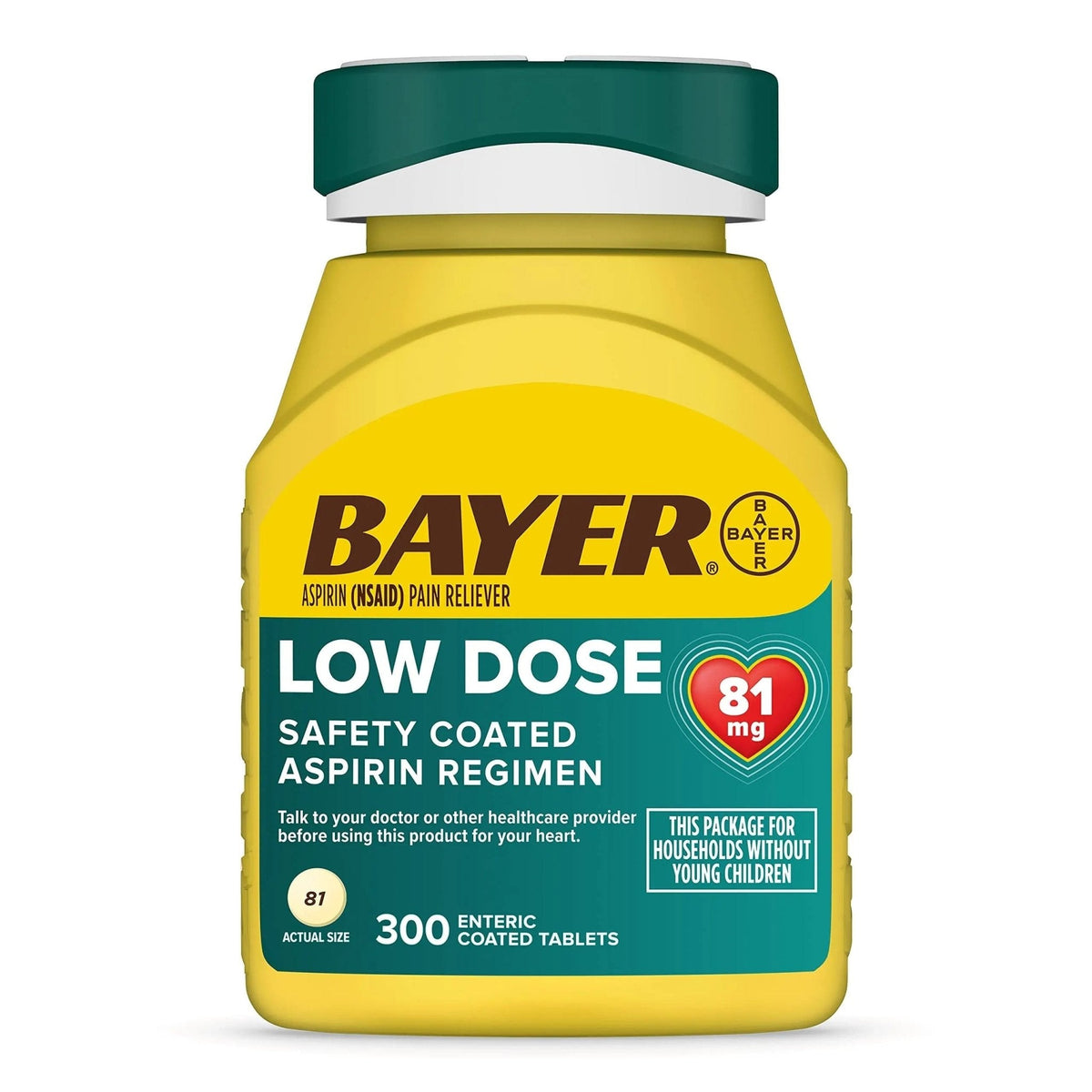 Bayer Aspirin Low Dose 81 mg, Enteric Coated Tablets, Doctor Recommended, Secondary Prevention of Cardiovascular Disease, 300 Safety Coated Tablets (Packaging may vary) - PrimeBioHealth - canada supplements