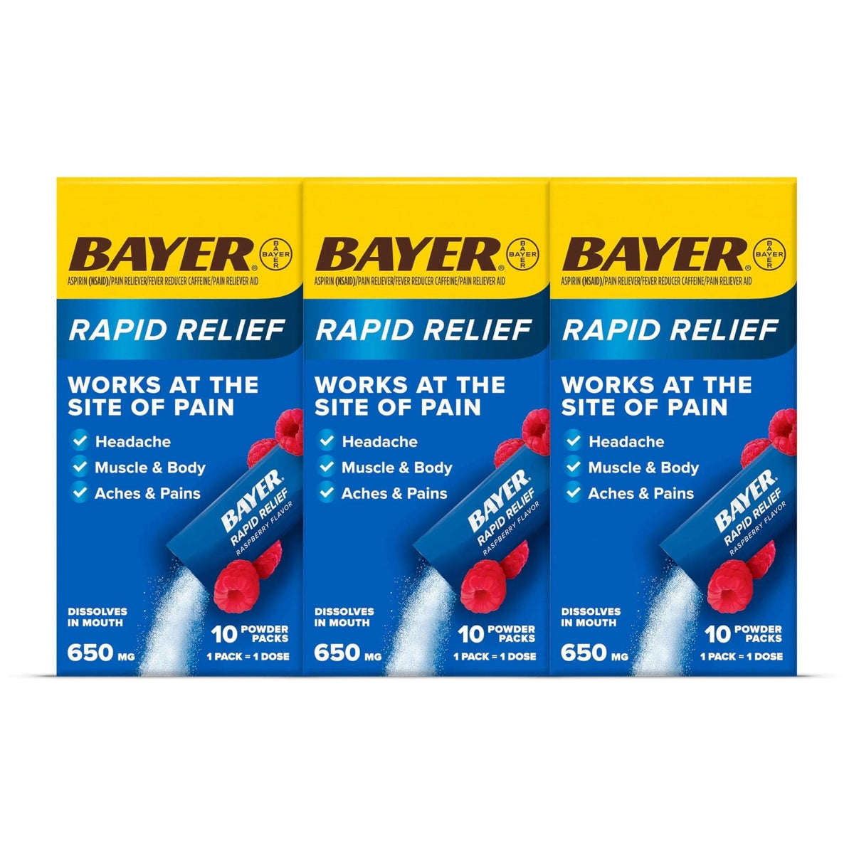 Bayer® Rapid Relief, Dissolvable Raspberry Flavor, Powder Packs with Aspirin & Caffeine, Fast Acting Headache Relief, Muscle and Body Pain Reliever, 30ct - PrimeBioHealth - canada supplements