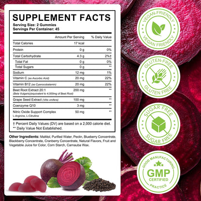 Beet Root Gummies Enriched with 200mg CoQ10 & Beet Root Extract for Blood Pressure, Heart Health Support, Energy Level Suport, Promoting Nitric Oxide - PrimeBioHealth - canada supplements