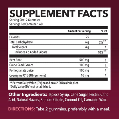 Beet Root Gummies with COQ10 & Pomegranate - Nitric Oxide Supplement for Men and Women - Beetroot for Endurance, Performance, Recovery - Vegan, Non-GMO, Gluten Free - PrimeBioHealth - canada supplements
